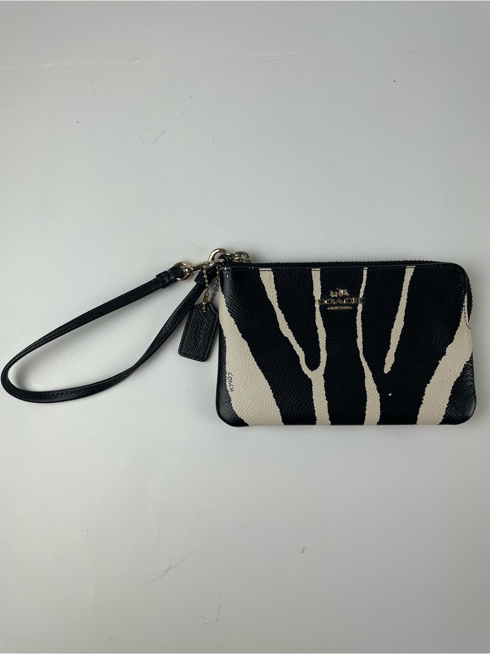 Coach Black and Cream Zebra-Stripe Leather Wristlet